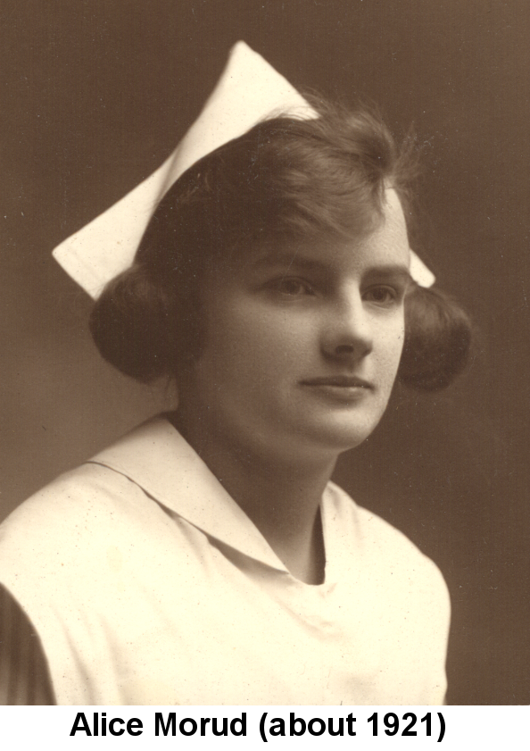 Sepia-tone portrait photo of Alice Morud as a young woman with thick dark hair in large curls, wearing a white nurse's uniform with cap.